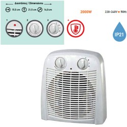 Αερόθερμο μπάνιου 2000W με ρυθμιζόμενο θερμοστάτη & 2 επιλογές ρύθμισης