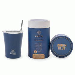 Θερμός Coffee Mug Save The Aegean χωρητικότητας 350ml σε Denim Blue χρώμα με ανοξείδωτο καλαμάκι 