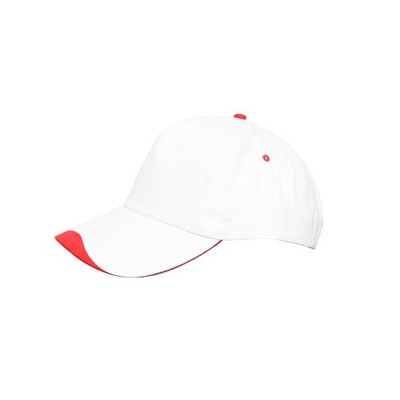 Πεντάφυλλο καπέλο τζόκεϊ με κυρτό γείσο μαλακό μέτωπο και 2 κεντημένες οπές εξαερισμού σε λευκό χρώμα με κόκκινες λεπτομέρειες One Size