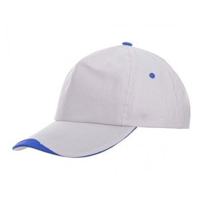 Πεντάφυλλο καπέλο τζόκεϊ One Size σε λευκό με μπλε ανοιχτή λεπτομέρεια μαλακό μέτωπο και ρυθμιζόμενο κλείσιμο με αυτοκόλλητο