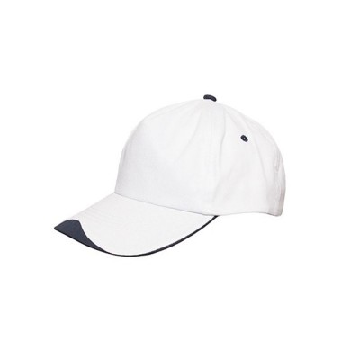 Καπέλο τζόκεϊ πεντάφυλλο με 2 κεντημένες οπές εξαερισμού και κυρτό γείσο σε λευκό χρώμα με μπλε σκούρη λεπτομέρεια One Size