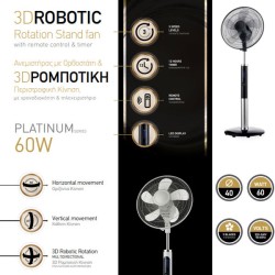 Ανεμιστήρας με ορθοστάτη 3D με κοντρόλ Φ40cm ισχύος 60W περιστρεφόμενος 90° σε μαύρο χρώμα