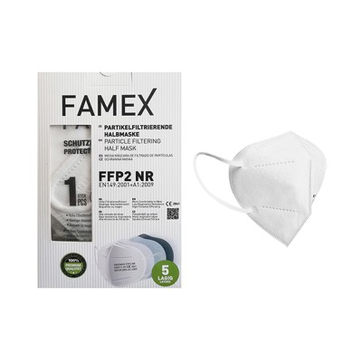 Μάσκα προσώπου μιας χρήσης FFP2 συσκευασμένη 1/1 με φίλτρο 5 στρώσεων σε λευκό χρώμα Famex