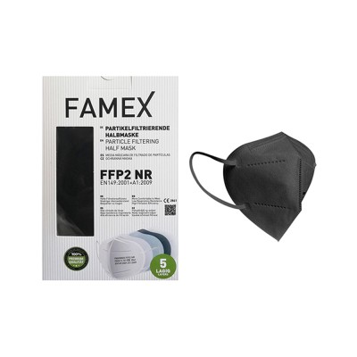 Μάσκα προσώπου μιας χρήσης FFP2 συσκευασμένη 1/1 με φίλτρο 5 στρώσεων σε μαύρο χρώμα Famex