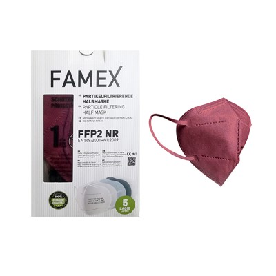 Μάσκα προσώπου μιας χρήσης FFP2 συσκευασμένη 1/1 με φίλτρο 5 στρώσεων σε χρώμα μπορντώ Famex