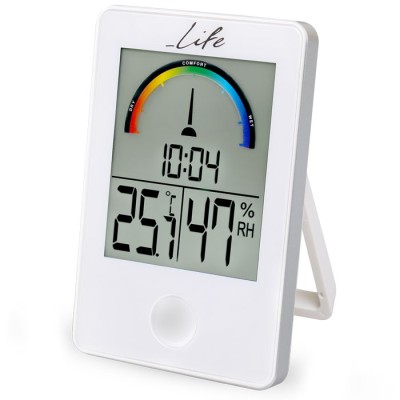 Ψηφιακό θερμόμετρο / υγρόμετρο εσωτερικού χώρου με ρολόι και έγχρωμη απεικόνιση επιπέδου υγρασίας, σε λευκό χρώμα LIFE iTEMP White