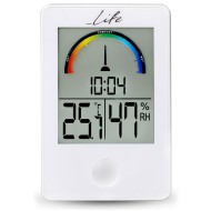 Ψηφιακό θερμόμετρο / υγρόμετρο εσωτερικού χώρου με ρολόι και έγχρωμη απεικόνιση επιπέδου υγρασίας, σε λευκό χρώμα LIFE iTEMP White