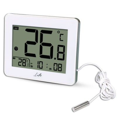 Ψηφιακό θερμόμετρο εσωτερικής και εξωτερικής θερμοκρασίας με ενσύρματο εξωτερικό αισθητήρα και ρολόι σε λευκό χρώμα LIFE CORDY