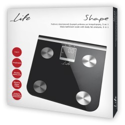 Γυάλινη ηλεκτρονική ζυγαριά μπάνιου με λιπομέτρηση 5 σε 1 με μεγάλη ψηφιακή οθόνη LCD και ευανάγνωστα λευκά LED ψηφία LIFE Shape