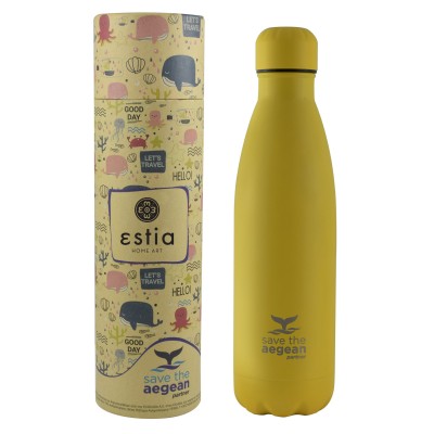 Θερμός μπουκάλι Save The Aegean ανοξείδωτος χωρητικότητας 500ml σε χρώμα κίτρινο Estia