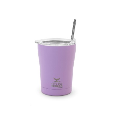 Θερμός Coffee Mug Save The Aegean χωρητικότητας 350ml σε Lavender Purple χρώμα με ανοξείδωτο καλαμάκι 