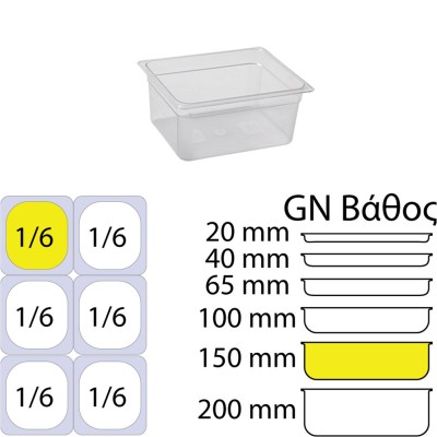 Δοχείο ροφίμων PC διάφανο χωρίς καπάκι χωρητικότητας GN1/6 (162 x 176mm) - ύψος 150mm, KAPP