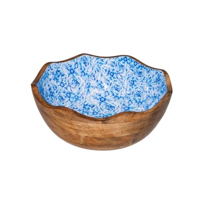 Μπωλ ξύλινο για μπουφέ φ30x11cm με σχέδιο λουλούδι μπλε