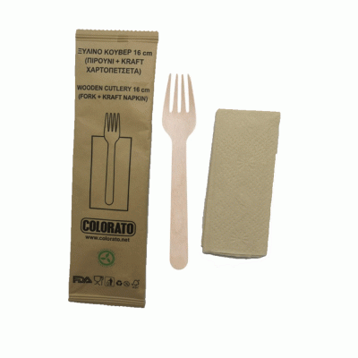 Ξύλινο πιρούνι μήκους 160mm συσκευασμένο με χαρτοπετσέτα σε συσκευασία 100 σετ Colorato