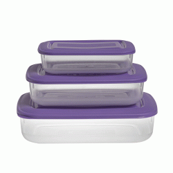 Φαγητοδοχεία ορθογώνια διάφανα σετ 3 τεμαχίων με καπάκια μωβ Φαγητοδοχεία ορθογώνια διάφανα σετ 3 τεμαχίων με καπάκια μωβ