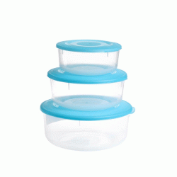 Φαγητοδοχεία στρόγγυλα σετ 3 τεμαχίων διάφανα με μπλε καπάκια Φαγητοδοχεία στρόγγυλα σετ 3 τεμαχίων διάφανα με μπλε καπάκια