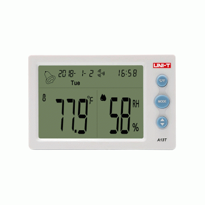 Θερμόμετρο & υγρασιόμετρο A13T με λειτουργία ως ρολόι & ξυπνητήρι σε λευκό χρώμα