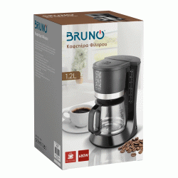 Καφετιέρα φίλτρου 680W για 12 φλυτζάνια χωρητικότητας 1.2L σε μαύρο χρώμα με αυτόματη απενεργοποίηση BRUNO