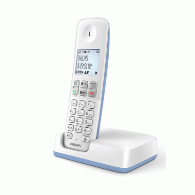 Ασύρματο τηλέφωνο PHILIPS D2501W-34 με ελληνικό μενού σε λευκό-μπλε χρώμα με ευανάγνωστη 1.8" οθόνη με λευκό οπίσθιο φωτισμό