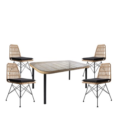 Σετ τραπεζαρία κήπου AMPLAS σε φυσικό/μαύρο χρώμα από μέταλλο/Rattan/γυαλί με 4 καρέκλες