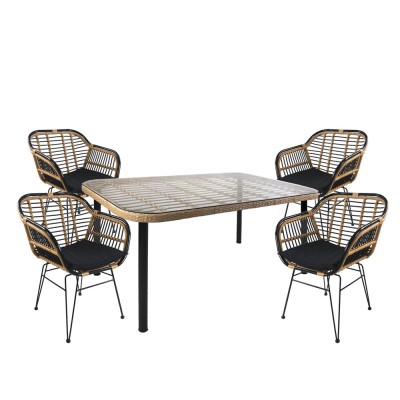 Σετ τραπεζαρία κήπου AMPIUS χρώμα φυσικό/μαύρο από μέταλλο/Rattan/γυαλί με 4 καρέκλες