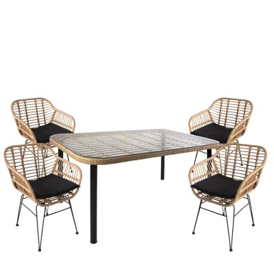 Σετ τραπεζαρία κήπου AMPIUS σε χρώμα φυσικό/μαύρο από μέταλλο/Rattan/γυαλί με 4 καρέκλες