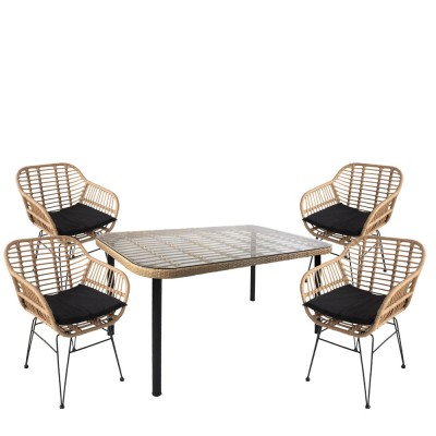 Σετ τραπεζαρία κήπου AMPLAS σε χρώμα φυσικό και μαύρο με σκελετό από μέταλλο και επιφάνεια από Rattan/γυαλί με 4 καρέκλες