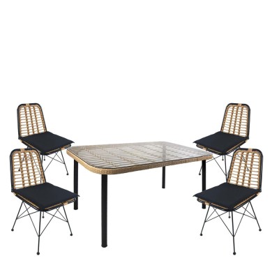 Σετ τραπεζαρία κήπου AMPLAS σε χρώμα φυσικό/μαύρο από μέταλλο/Rattan/γυαλί με 4 καρέκλες