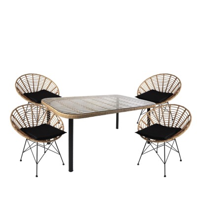 Σετ τραπεζαρία κήπου AMPIUS σε χρώμα φυσικό/μαύρο από μέταλλο/Rattan/γυαλί με 4 καρέκλες