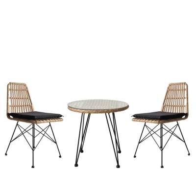 Σετ τραπεζαρία κήπου EUSEBIO σε χρώμα φυσικό/μαύρο από μέταλλο/Rattan με 2 καρέκλες