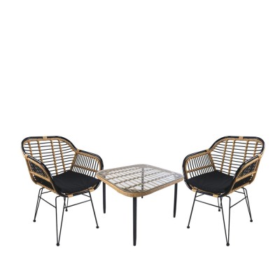 Σετ τραπεζαρία κήπου ANTIUS σε φυσικό/μαύρο χρώμα από μέταλλο/Rattan/γυαλί με 2 καρέκλες