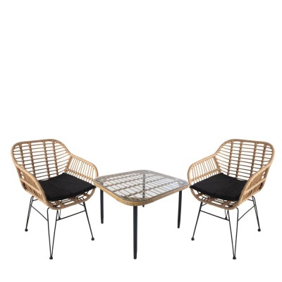 Σετ τραπεζαρία κήπου ANTIUS σε φυσικό/μαύρο χρώμα από μέταλλο/Rattan/γυαλί με 2 καρέκλες