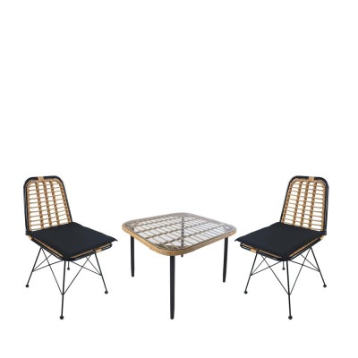 Σετ τραπεζαρία κήπου ANTIUS σε χρώμα φυσικό/μαύρο με σκελετό από μέταλλο/Rattan/γυαλί με 2 καρέκλες