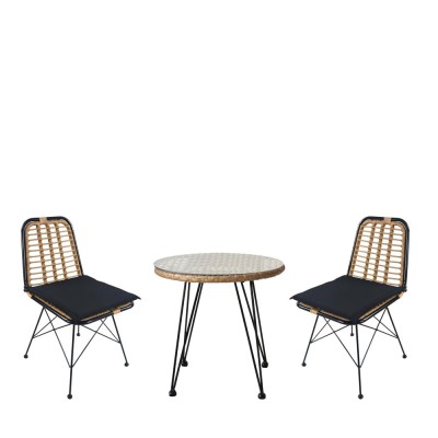 Σετ τραπεζαρία κήπου EUSEBIO σε χρώμα φυσικό/μαύρο με μεταλλικό σκελετό και Rattan με 2 καρέκλες