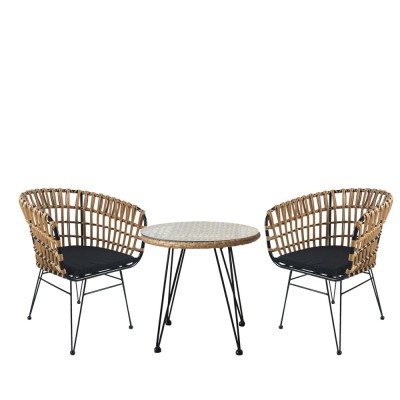 Σετ τραπεζαρία κήπου EUSEBIO σε φυσικό/μαύρο χρώμα από μέταλλο/Rattan με 2 καρέκλες