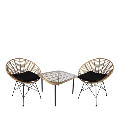 Σετ τραπεζαρία κήπου ANTIUS σε φυσικό/μαύρο χρώμα με μεταλλικό σκελετό και γυάλινη επιφάνεια περιλαμβάνονται δύο καρέκλες
