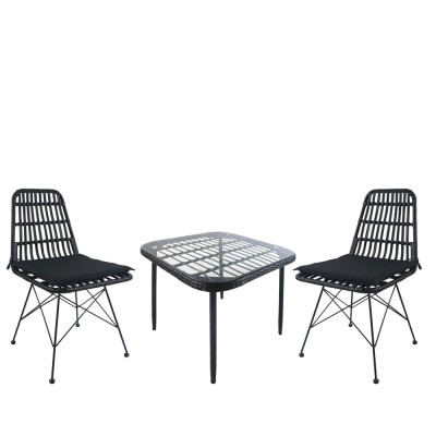 Σετ τραπεζαρία κήπου ANTIUS σε χρώμα μαύρο από μέταλλο/Rattan/γυαλί με 2 καρέκλες 