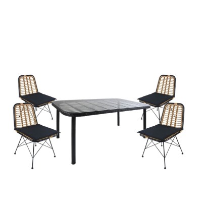 Σετ τραπεζαρία κήπου AMPLAS σε μαύρο χρώμα από μέταλλο/Rattan/γυαλί με 4 καρέκλες