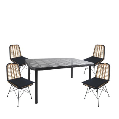 Σετ τραπεζαρία κήπου AMPIUS σε μαύρο χρώμα μέταλλο/Rattan/γυαλί με 4 καρέκλες