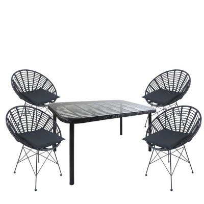 Σετ τραπεζαρία κήπου AMPLAS σε χρώμα μαύρο από μέταλλο/Rattan/γυαλί με 4 καρέκλες
