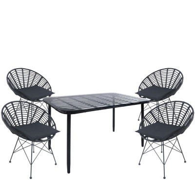 Σετ τραπεζαρία κήπου ANNIUS σε μαύρο χρώμα από μέταλλο/Rattan/γυαλί με 4 καρέκλες
