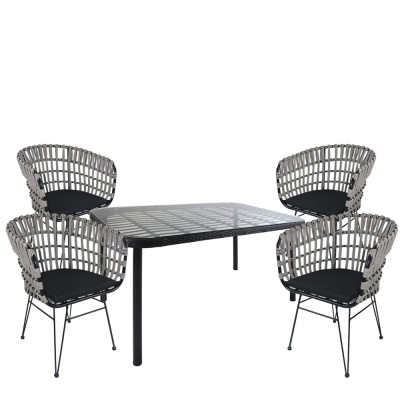 Σετ τραπεζαρία κήπου AMPLAS σε χρώμα μαύρο από μέταλλο/Rattan/γυαλί με 4 καρέκλες