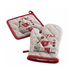 Σετ πιάστρα-γάντι Σχ. Dezeneur  100% cotton εκρού με κόκκινο περίγραμμα