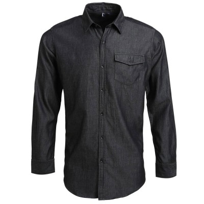 Ανδρικό μαύρο τζιν μακρυμάνικο πουκάμισο με ραφές σε χρωματική αντίθεση και 7 κουμπιά στον ίδιο τόνο σε νούμερο XLarge