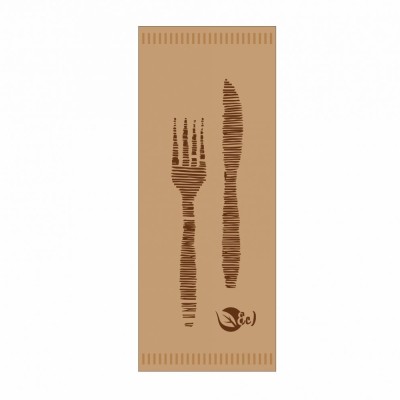 Κουβέρ με προτυπωμένο καφέ σακουλάκι με χαρτοπετσέτα οικολογική 33x33cm μαχαίρι και πιρούνι ξύλινα