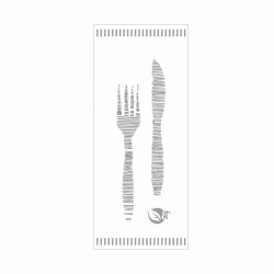 Κουβέρ με προτυπωμένο λευκό σακουλάκι με χαρτοπετσέτα λευκή 33x33cm μαχαίρι και πιρούνι ξύλινα