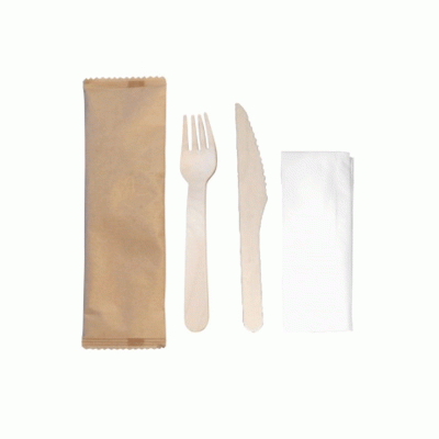 Κουβέρ με χάρτινο σακουλάκι με χαρτοπετσέτα liness δίφυλλη σε χρώμα λευκό 38Χ38cm μαχαίρι και πιρούνι ξύλινα 1000 τμχ