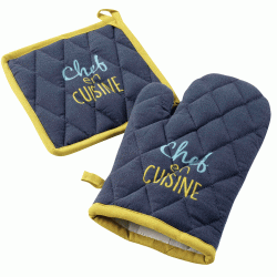 Σετ πιάστρα-γάντι σχέδιο Chef en cuisine 100% βαμβάκι σε σκούρο μπλε χρώμα