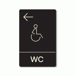 Πινακίδα ξενοδοχείου μαύρη για WC ΑΜΕΑ στα αριστερά HTA24 διαστάσεων 140mm X 90mm Πινακίδα ξενοδοχείου μαύρη για WC ΑΜΕΑ στα αριστερά HTA24 διαστάσεων 140mm X 90mm