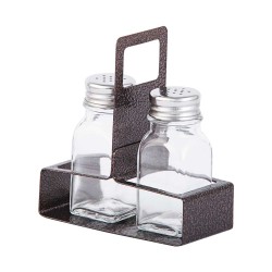 Αλατοπίπερο No2 σφυρήλατο καφέ σε γραμμικό σχέδιο με δύο γυάλινα φιαλίδια ανοξείδωτο 18/10 METANO